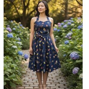 Bird Lover Topdress Sun Dress Dark Blue Garden Dress Womans Size M